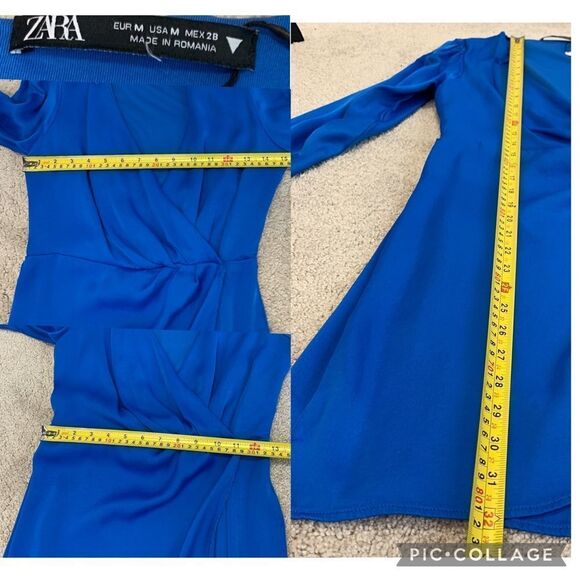 Zara blue v-neck wrap front long sleeve satin effect dress Sz M - Picture 8 of 11